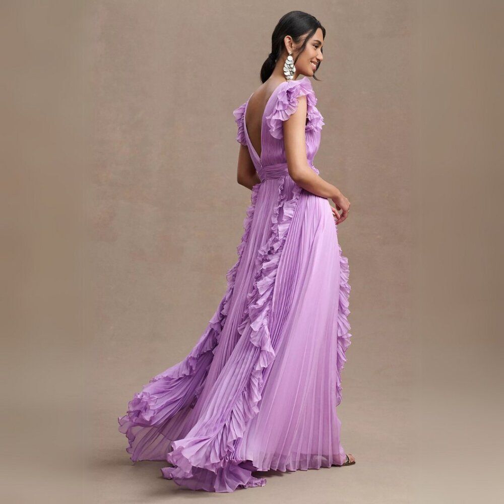 NWT Mac Duggal 49539 Size 20 Lilac Purple Pleated Ruffled V-Neck Maxi Gown Dress - Picture 3 of 4